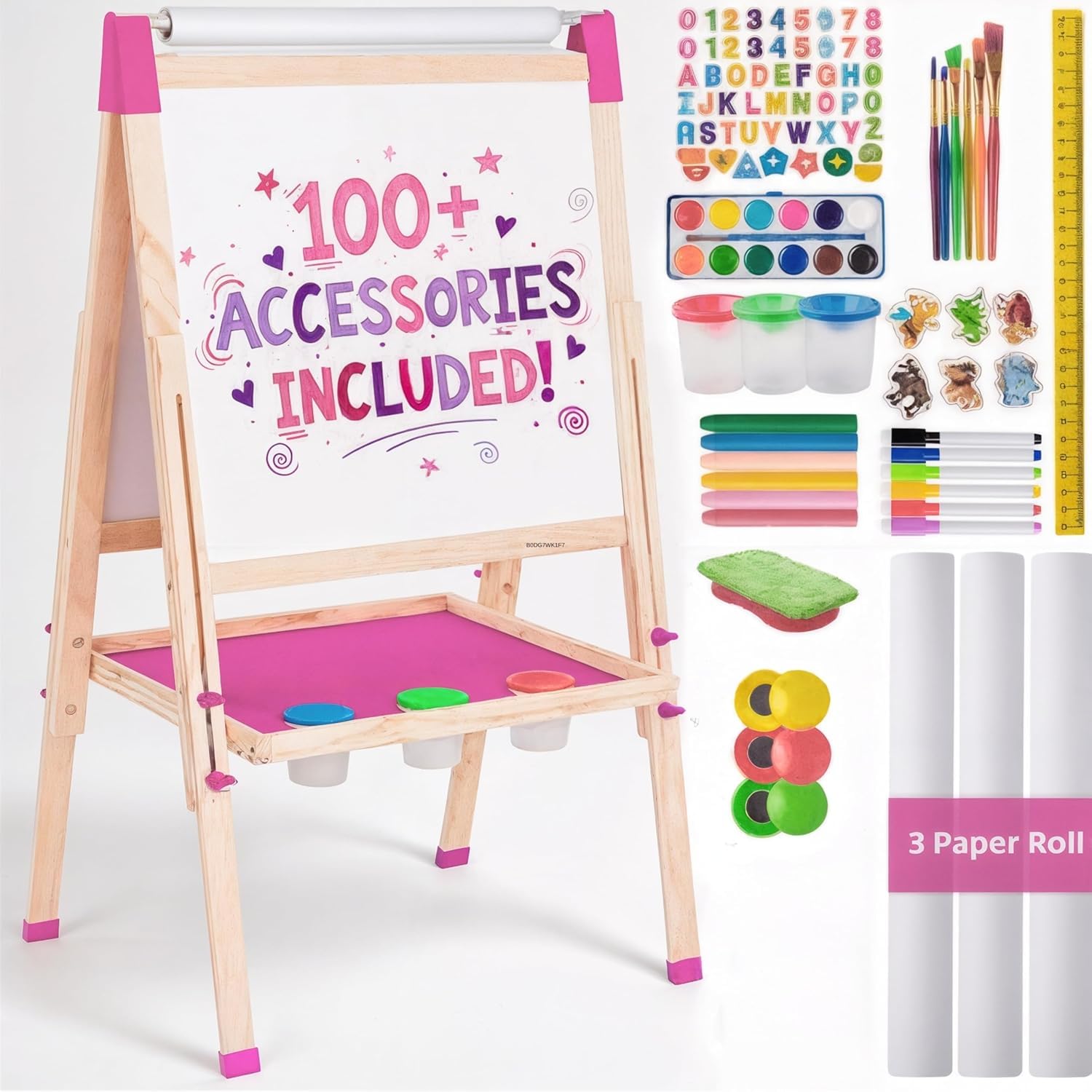 Blue Squid Art Easel for Kids with Paper Roll x 3, Includes 100+ Accessories, Double Sided Adjustable Wooden Painting Easel with Magnetic Chalk Board, White Board for Toddlers Ages 3,4,5,6,7,8,9,10,12