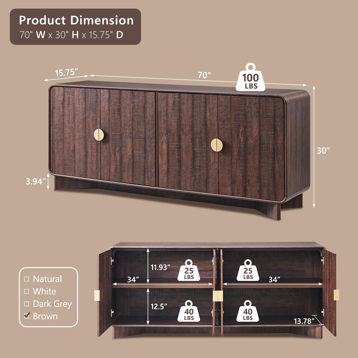 70" Modern TV Stand for TVs Up to 80 inches, 30" Tall Entertainment Center with Storage and Adjustable Shelves, TV Console with Curved Profile Design, Media Console for Living Room, Brown - Image 2