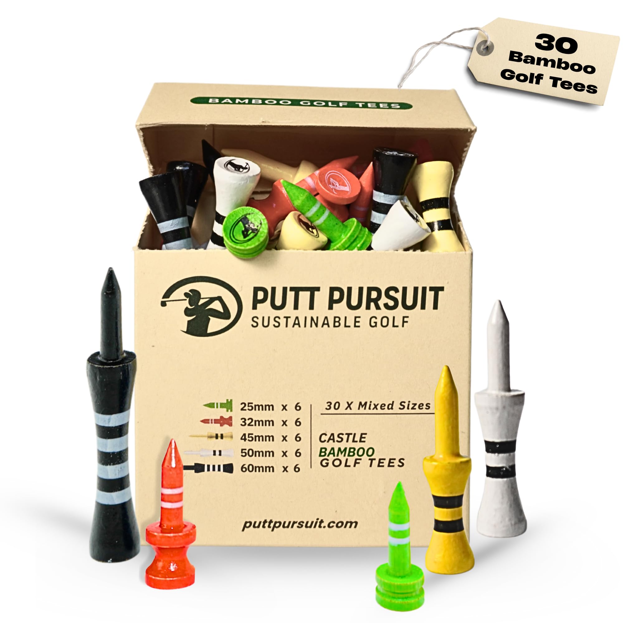 Castle Bamboo Golf Tees - Biodegradable & Sustainable Golf Tees Bamboo Material - Golf Accessories - Golf Tees Wooden - Multiple Sizes from 25mm Green to 70mm Orange Non Plastic Golf Tees