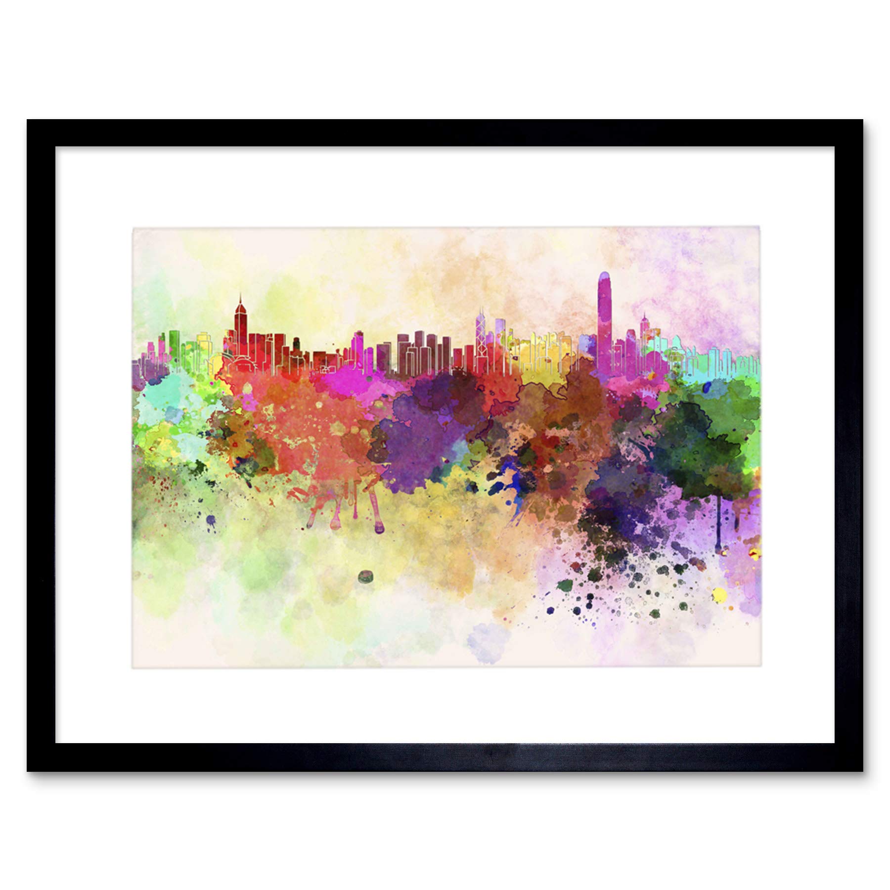 Wee Blue Coo Painting Cityscape Hong Kong Paint Splash Skyline Picture Framed Wall Art Print