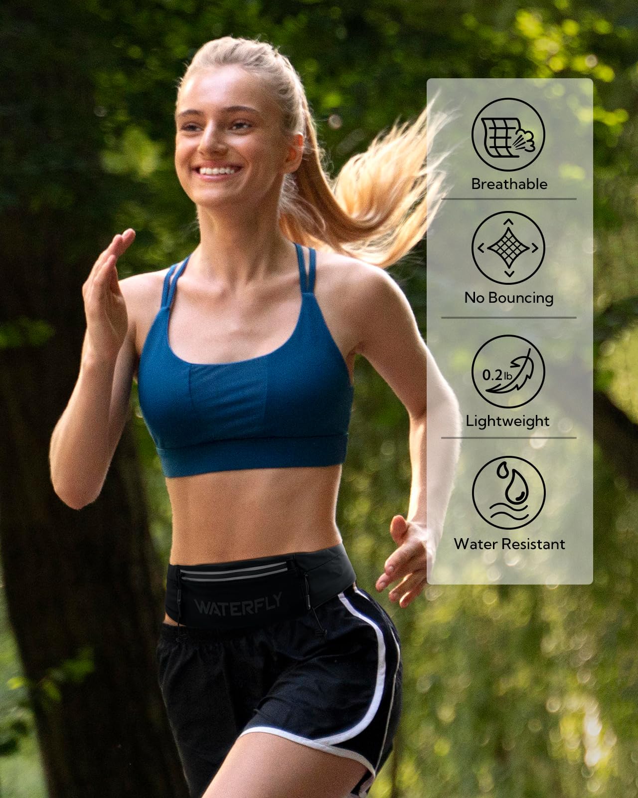 WATERFLY Marsupio da corsa: marsupio traspirante a 3 tasche per uomo e donna, per allenamento, fitness, supporto per telefono adatto a tutti i telefoni, per maratona, jogging, corsa, con clip per