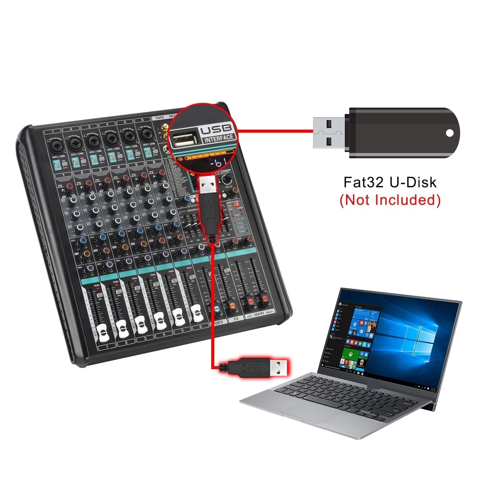 DJ-Audiomixer 6-Mono-Kanal-Mischpult, Monitor, Low Cut, 99 DSP-Effekt-PAD, Bluetooth-Audio-Sound-Mixer, 7-Band-EQ, USB-Aufnahme