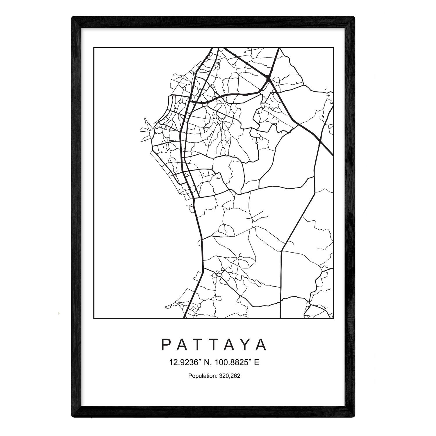 Nacnic Map of the city Pattaya Nordic style in black and white. Poster A3 Size Framed with Black Frame Printed Paper 250 gr. Pictures, sheets and posters for Salon and Bedroom