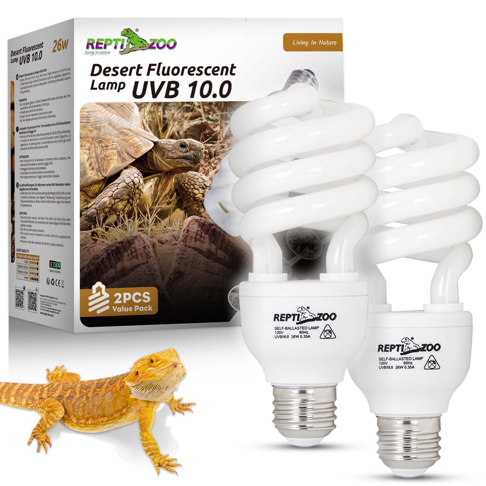 REPTI ZOO UVB Light for Desert Reptile 2 Pack, 10.0 26W UVA UVB Reptile Light Bulb, UVB Spiral Compact Lamp for Bearded Dragons Tortoises Lizards Snakes