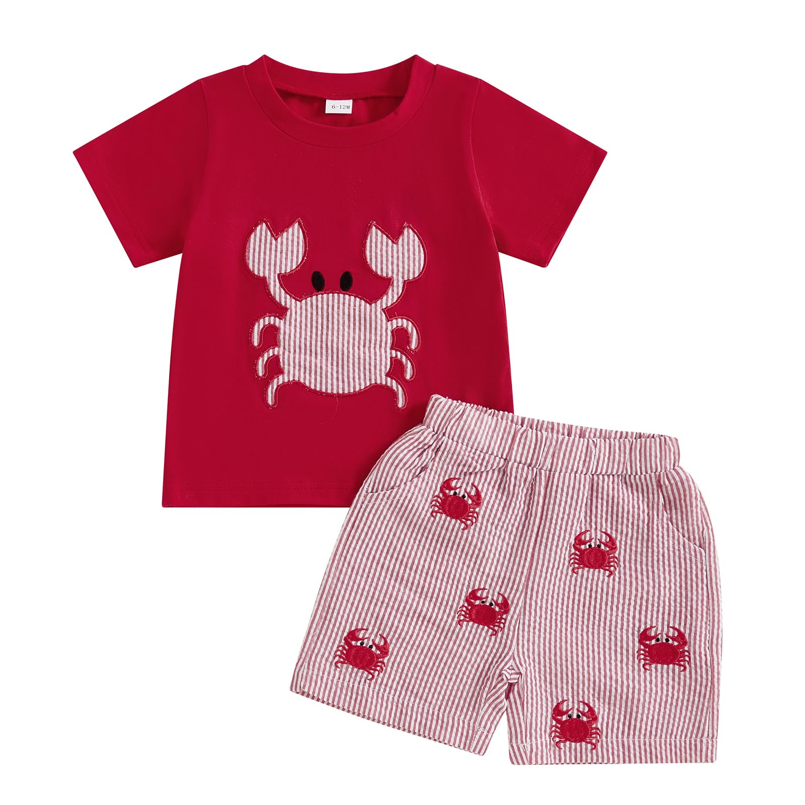 Kayotuas Toddler Baby Boy Summer Clothes Cute Crawfish Outfit Lobster Short Sleeve T-shirt Tops & Stripes/Gingham Shorts Set (Crab Red, 2-3T)