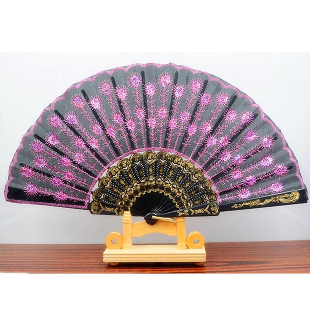 Peacock Pattern Pink Sequin Fabric Folding Hand Fan Embroidered Decorative Handheld Foldaway Hand Fan Elegant Chinese Dance Party Fan by SamGreatWorld