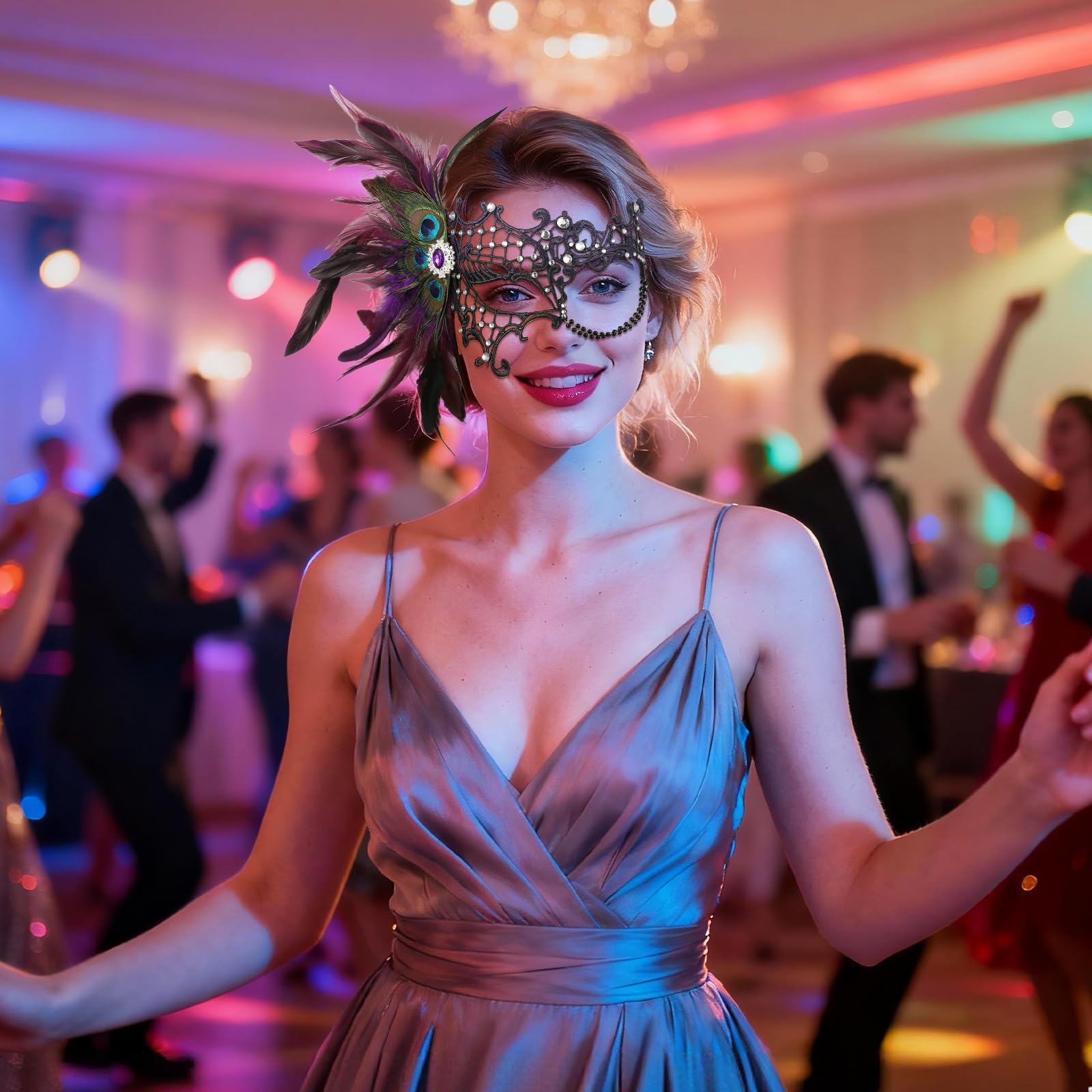 JewelryWe Wenecka monokel maska damska, elegancka maskarada, półmaska z pawimi piórami/strasem, gotycka maska monokelowa, maska jednooczna, kostium na imprezę, karnawał, Halloween, cosplay