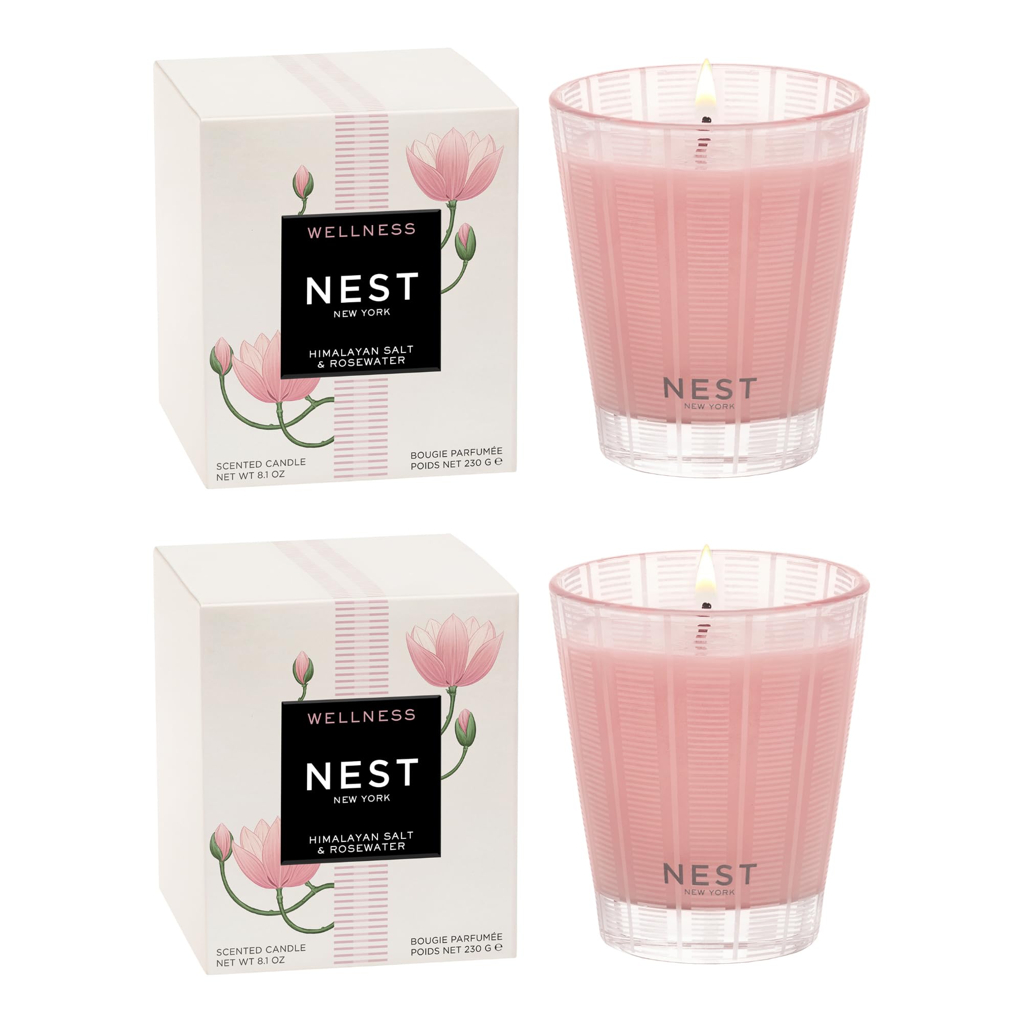 NEST New York Vela aromática clásica dúo, sal del Himalaya y agua de rosas, 8.1 onzas, paquete de 2, hasta 60 horas de tiempo de combustión cada una, recipiente de vidrio reutilizable