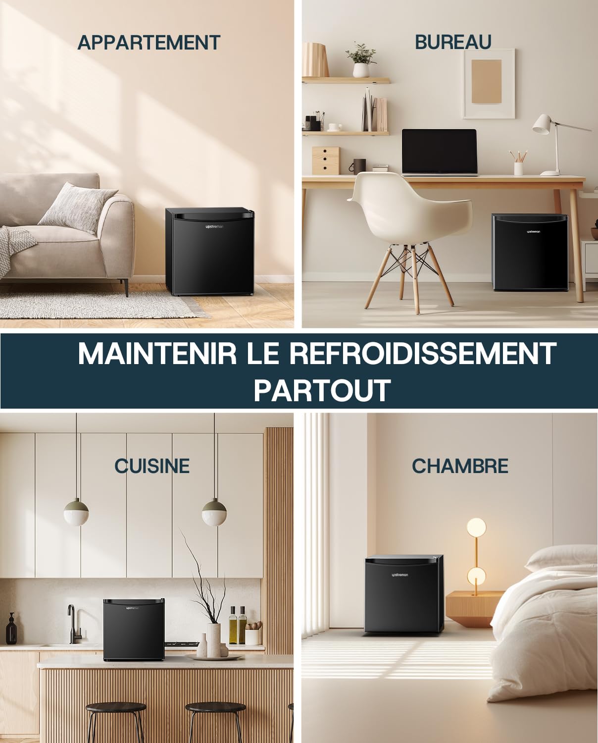 Upstreman Mini Réfrigérateur 46L avec Congélateur, Thermostat Réglable, Porte Réversible, Noir Brillant