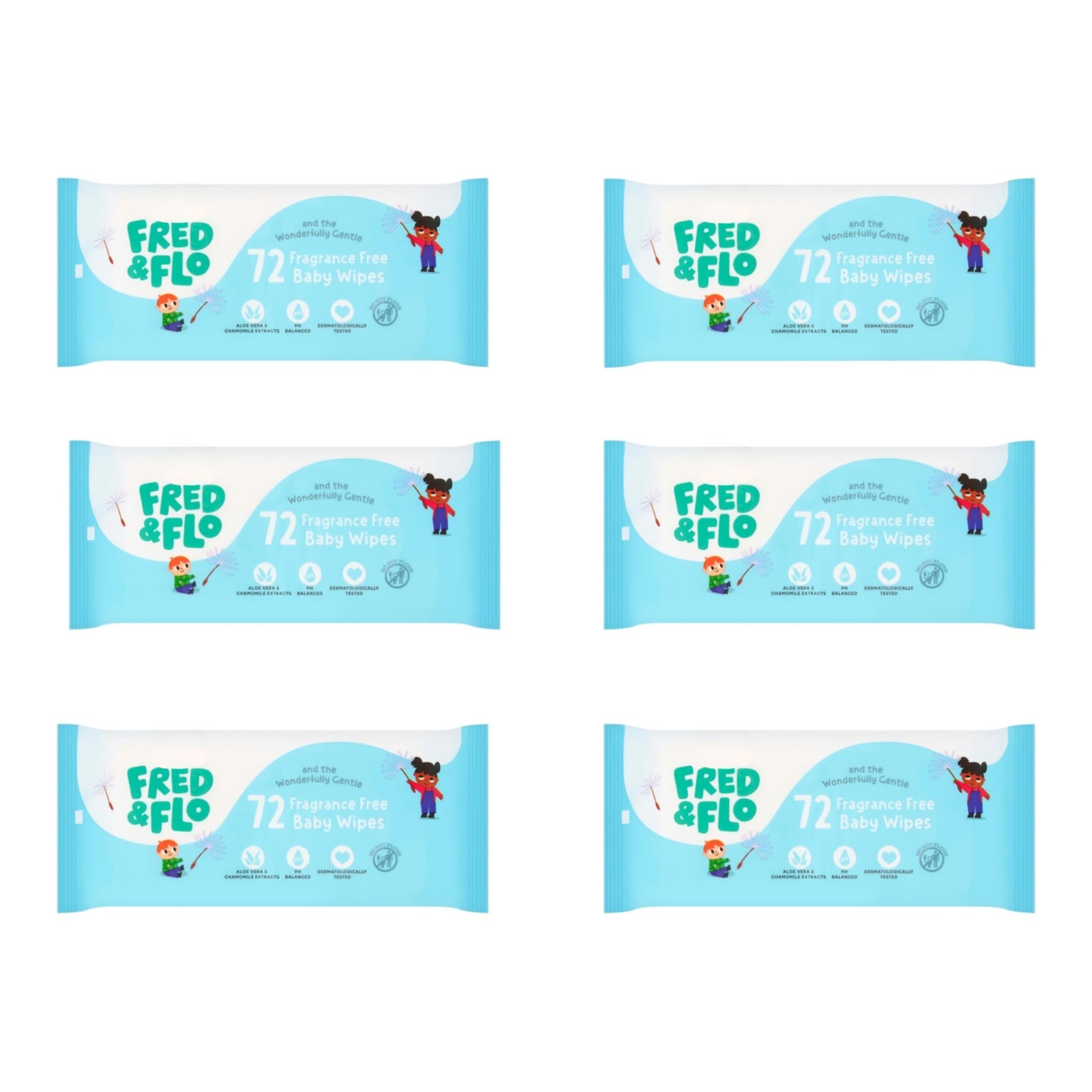 Bizzal Fred & Flo Biodegradable Baby Wipes, Fragrance Free, 72 Count, Pack of 6, Gentle Care