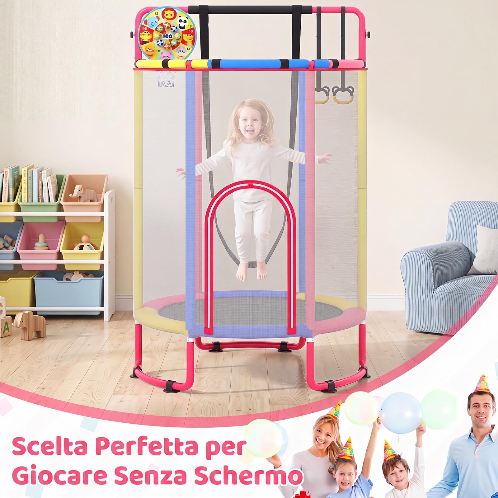 COSTWAY 6 in 1 Trampolino Bambini Interno ed Esterno | Tappetino Elastico con Altalena, Bersaglio, Barra e Anelli da Ginnastica, Canestro da Basket e Rete di Sicurezza, 3+ Anni