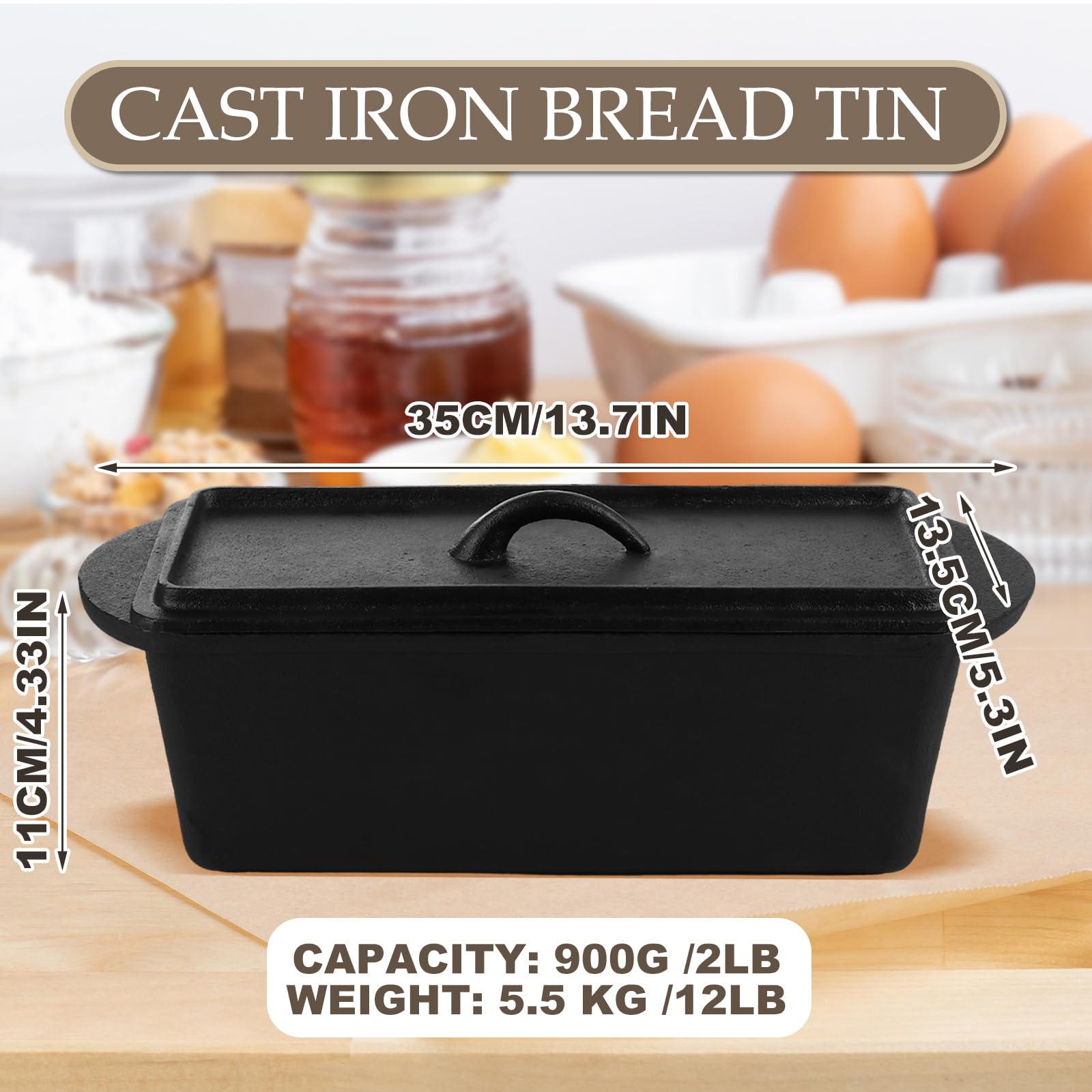 AKOLAFE Kastenform 900 g Kastenform zum Backen, Gusseisen, große Brotdosen mit Deckel, antihaftbeschichtet, Kuchenbackform für Brot, Fleisch, Gemüse, Hackbraten, Schwarz