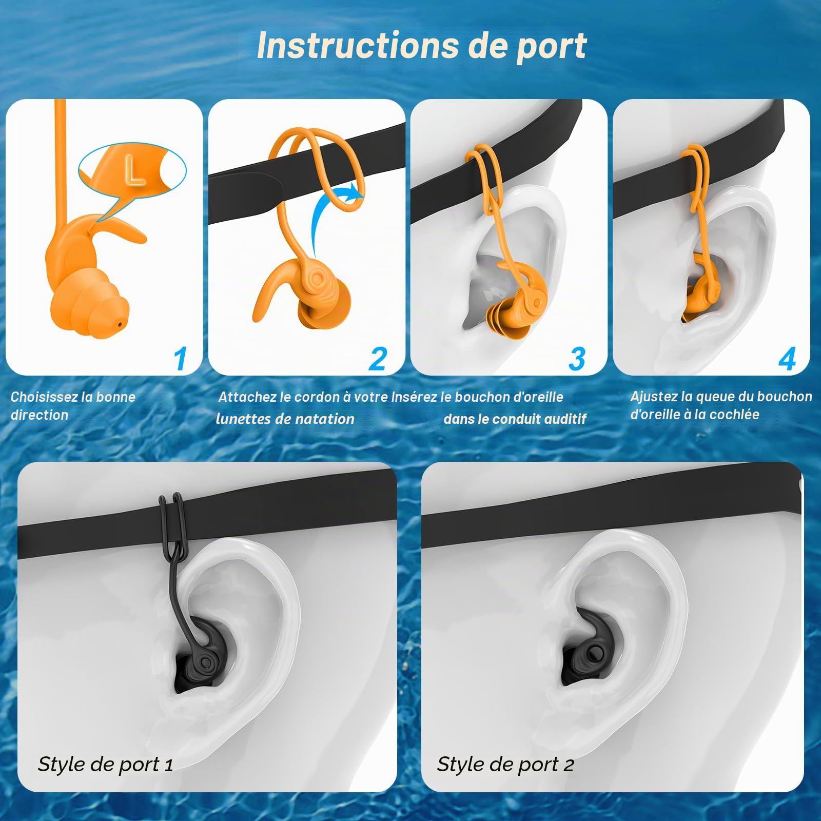 Bouchons D’oreilles Natation – Lot 4 Paires En Silicone, Avec Cordon Amovible, étuis, 14 Ans Et +, étanches Confortables
