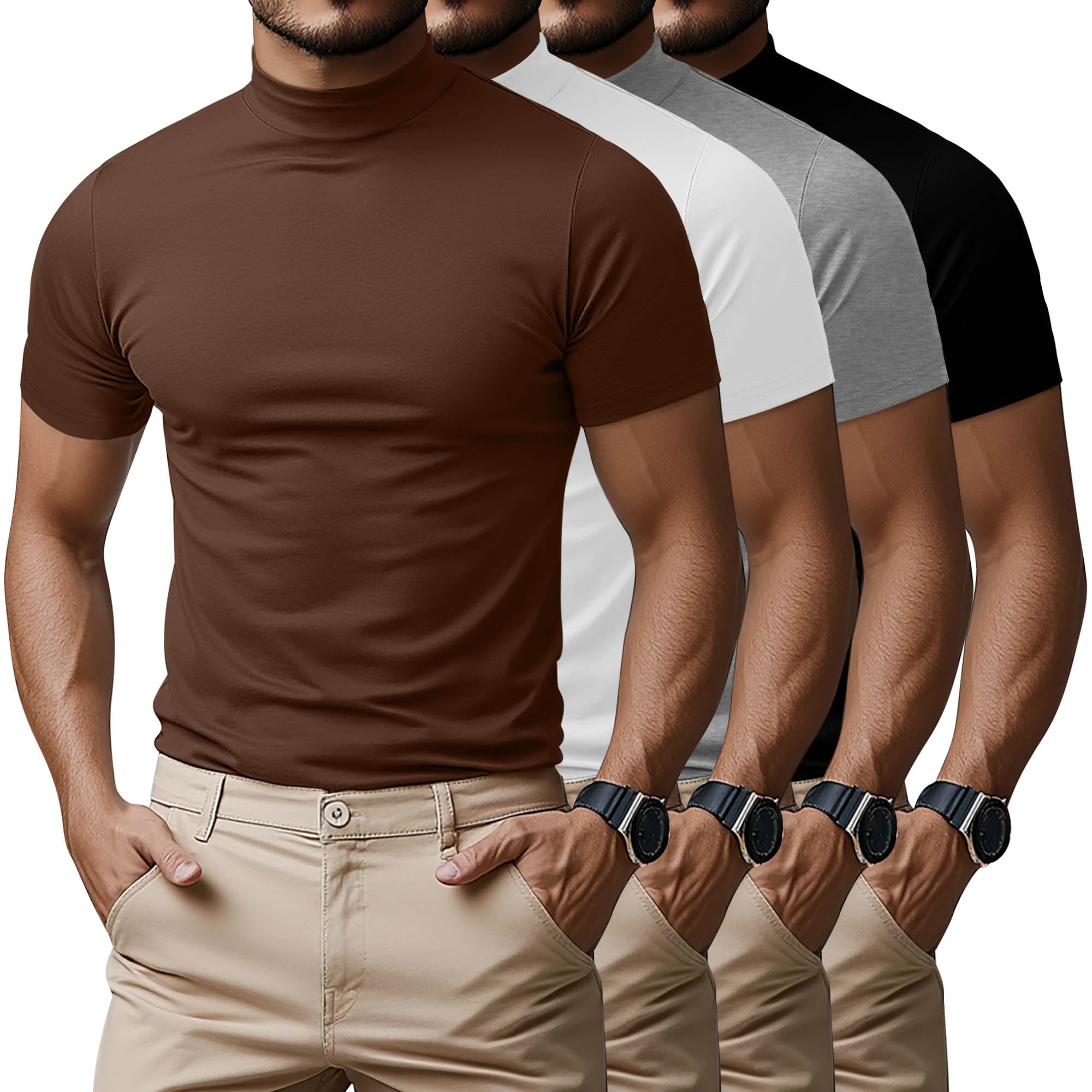 Ficerd 4 Pack Men's Mock Neck T Shirts, Short Sleeve Mock Turtleneck Undershirt Pullover Basic Tops Causal Solid Tee for Men