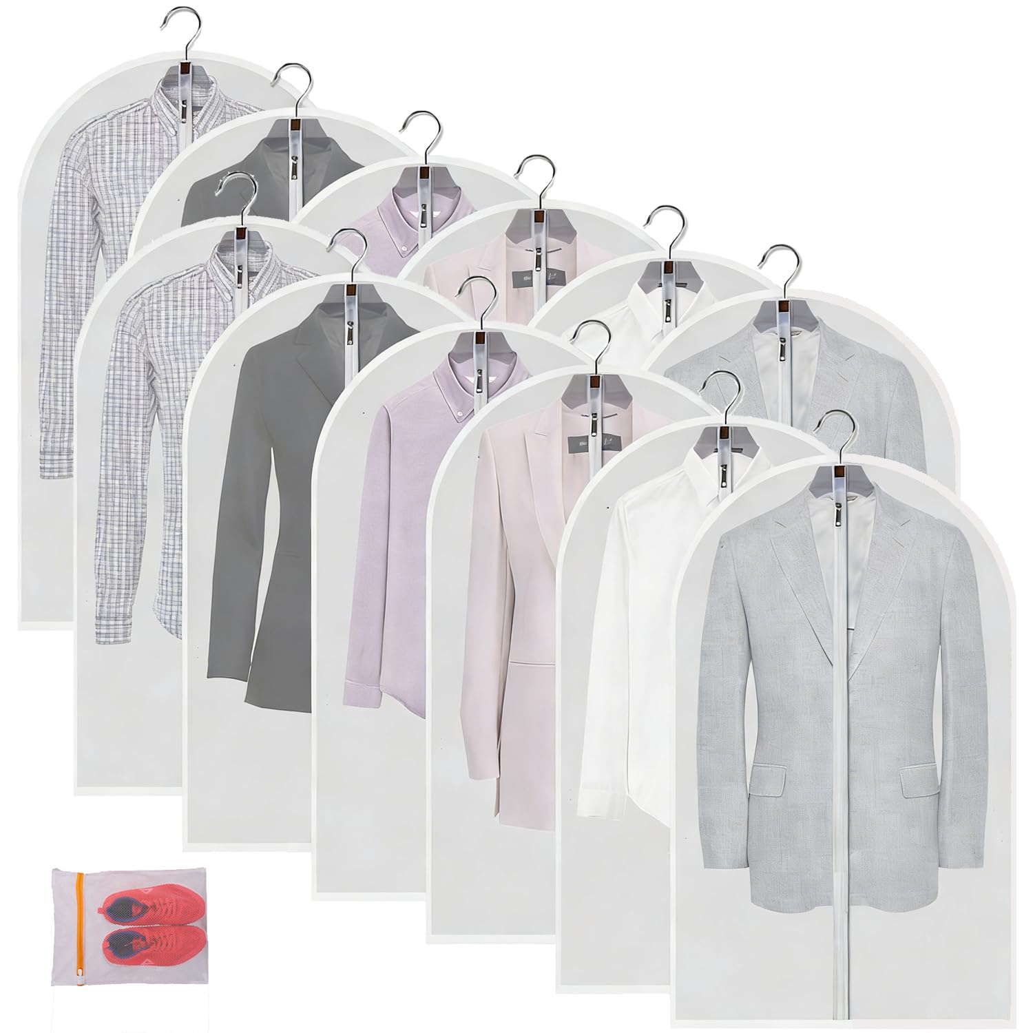 12 Pack Garment Bags for Hanging Clothes (24x40") - Dustproof Suit Bags for Closet Storage - Durable PEVA Covers with Sturdy Zipper for Coats, Jackets & Dresses (Translucent)