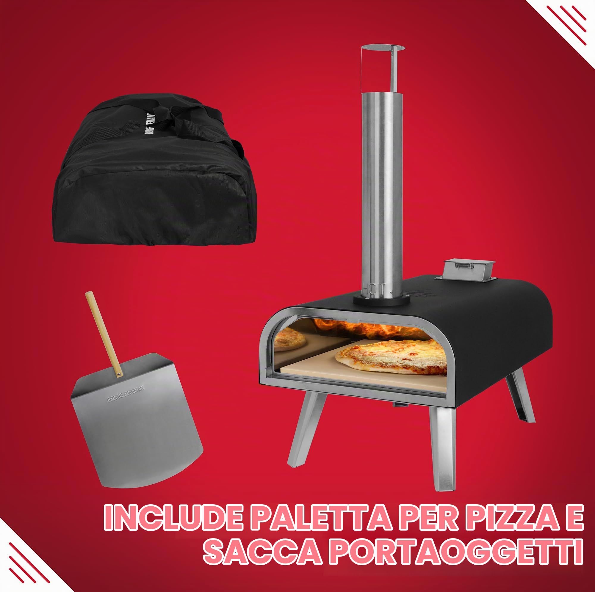 George Foreman Forno per pizza a pellet di legno portatile da esterno da 40,6 cm, nero, con pagaia e borsa per il trasporto, forno per barbecue e affumicatore, gambe pieghevoli GFWPPO2BPC