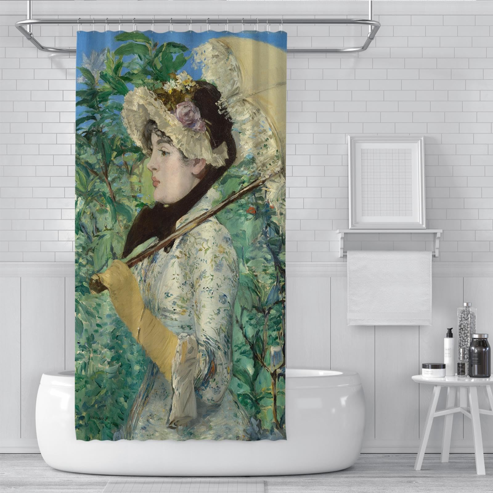 Peinture à l’Huile Style Rideau de Douche Doublure Jeanne (Printemps) Bain Doublure de Rideau de Douche avec Crochets Tissu Extra Long Séparation sèche et Humide 200 x 240 cm