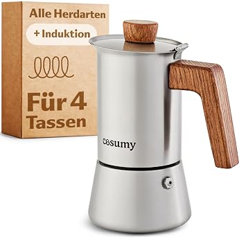 Cosumy Espresso Maker Induction for All Hob Types   For 4 Cups Espresso   Mocha Pot Made of Stainless Steel & FSC Oak Wood   200 ml   Moka Pot Induction   Coffee Maker