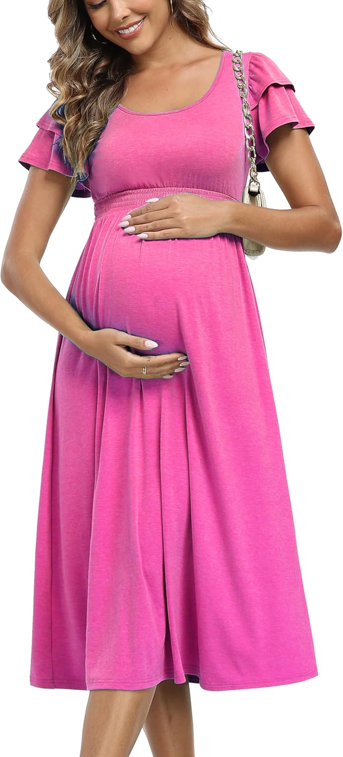 Summe Ruffle Short Sleeve Maternity Dress High Waisted Midi Baby Shower Dresses