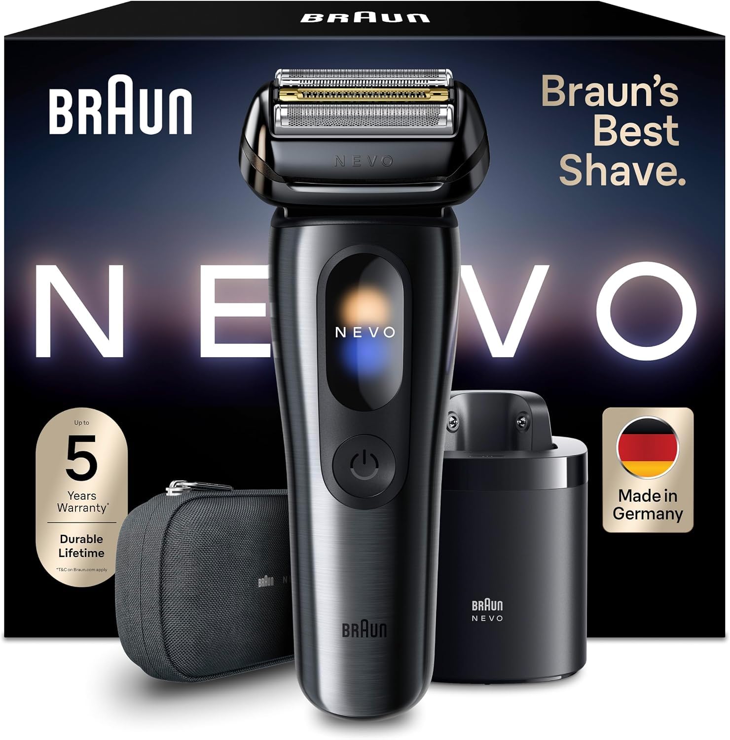 Braun NEVO Men’s Electric Shaver with AeroTouch Technology for A No Compromise Shave. Smart Display. Includes Care 7in1 System, Travel Case, NEVO15115C, Graphite