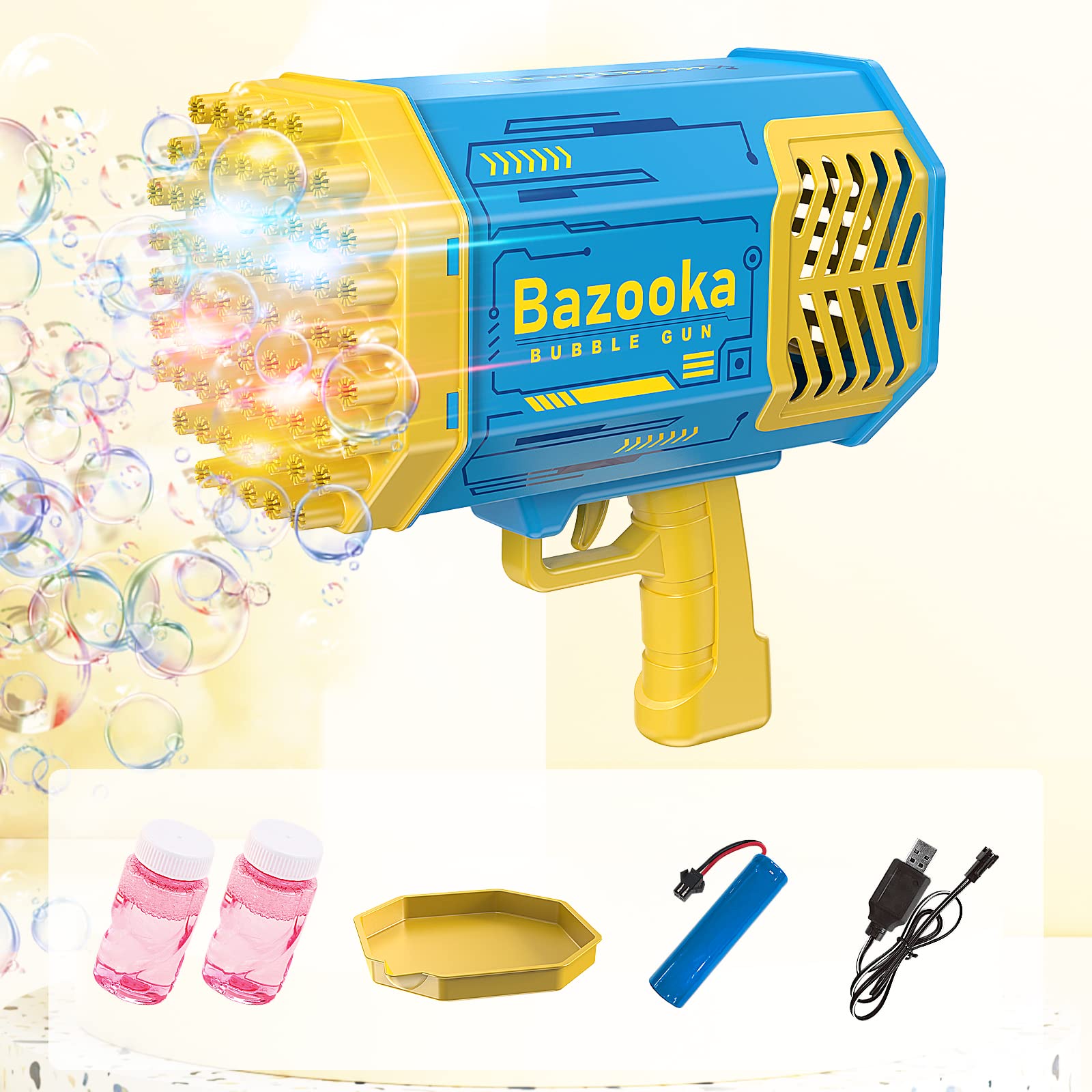 Bubble Machine Gun, 69 Holes Bubbles Machine, Bazooka Bubble Gun with Lights/Bubble Solution for Adults Kids, Summer Toy Gift for Outdoor Indoor Wedding Birthday Party - Blue Bubble Maker (Blue)