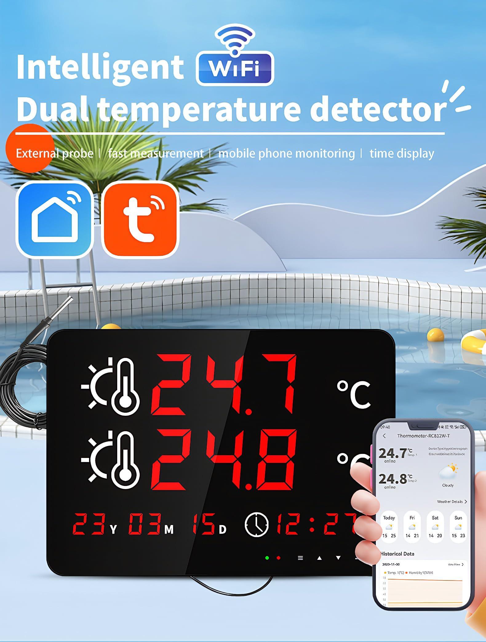 Mengshen WiFi Termómetro Digital con Sonda Impermeable para Acuarios Piscinas y Peceras Con Pantalla Dual de Temperatura y fecha y Monitor Remoto Tuya APP