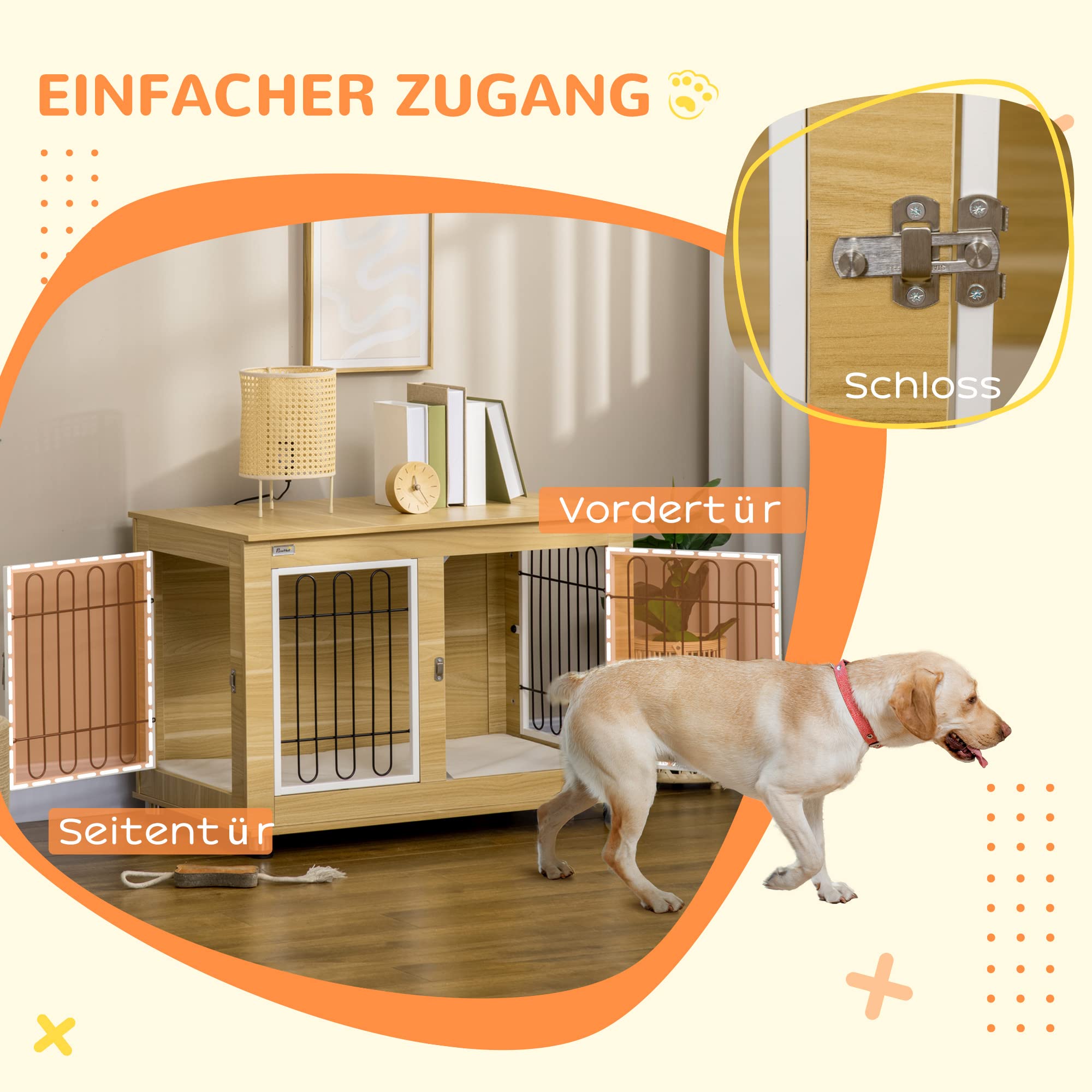 PawHut Hundekäfig Möbel mit 2 Türen Kissen 2 Verriegelungen Metall Hundebox für Zuhause Indoor Hundehütte für große Hunde bis zu 25 kg Beistelltisch Hundehaus 90 x 58 x 65 cm Eiche