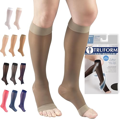 Miniatura 17 de Truform - Calcetines de compresión traslúcidos, 15-20 mmHg, para mujer, hasta la rodilla, puntera abierta, 20 Denier, color nude, talla 2XL