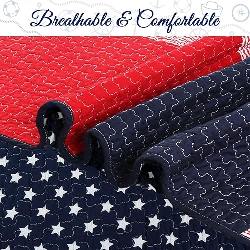 Miniatura 6 de Cozy Line Home Fashions - Juego de ropa de cama reversible de 100% algodón con estrellas y rayas azul marino, rojo y rojo patriota, para niño,