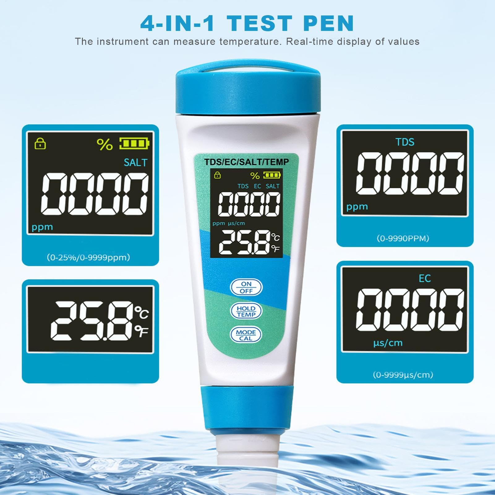 Medidor de prueba de agua, medidor de salinidad para acuario, Kit de prueba digital TDS y EC 4 en 1 herramienta de prueba multifuncional para acuario, agua salada, tanques de
