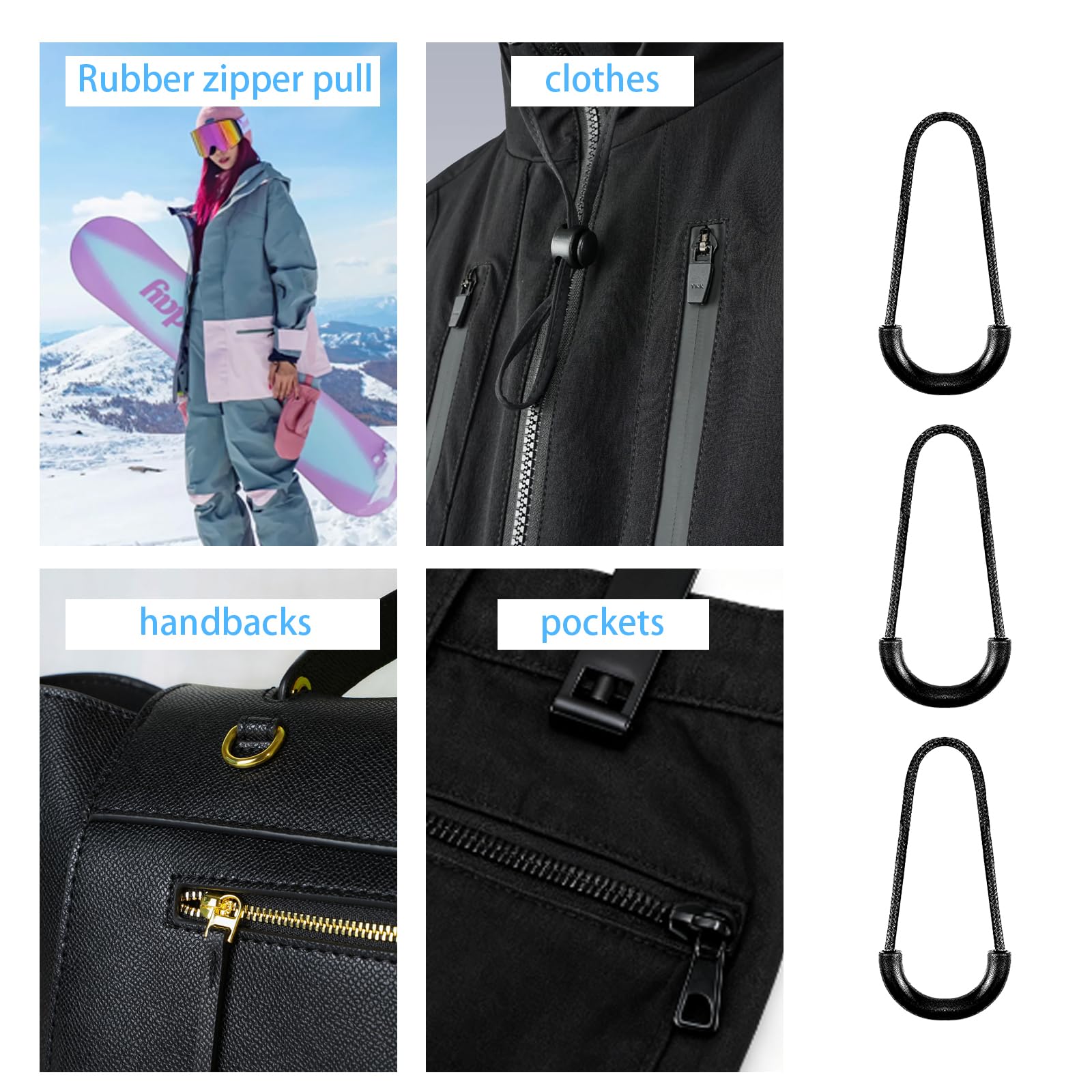 24 Pcs Black U-Shape Nylon Zipper Pulls, Heavy Duty Zipper Tags for North Face Backpack Replacement, Cord Extension for Luggage Purse
