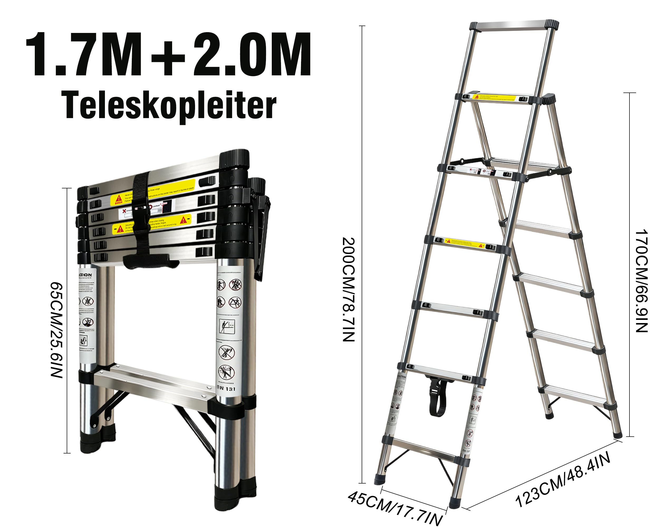 1.7+2m Escalera Plegable de Acero Inoxidable,Escalera 5+6 peldaños,Escalera TelescóPica Estructura en Forma de A,Escalera Extensible Bloqueo de Seguridad Carga máxima de 150 kg