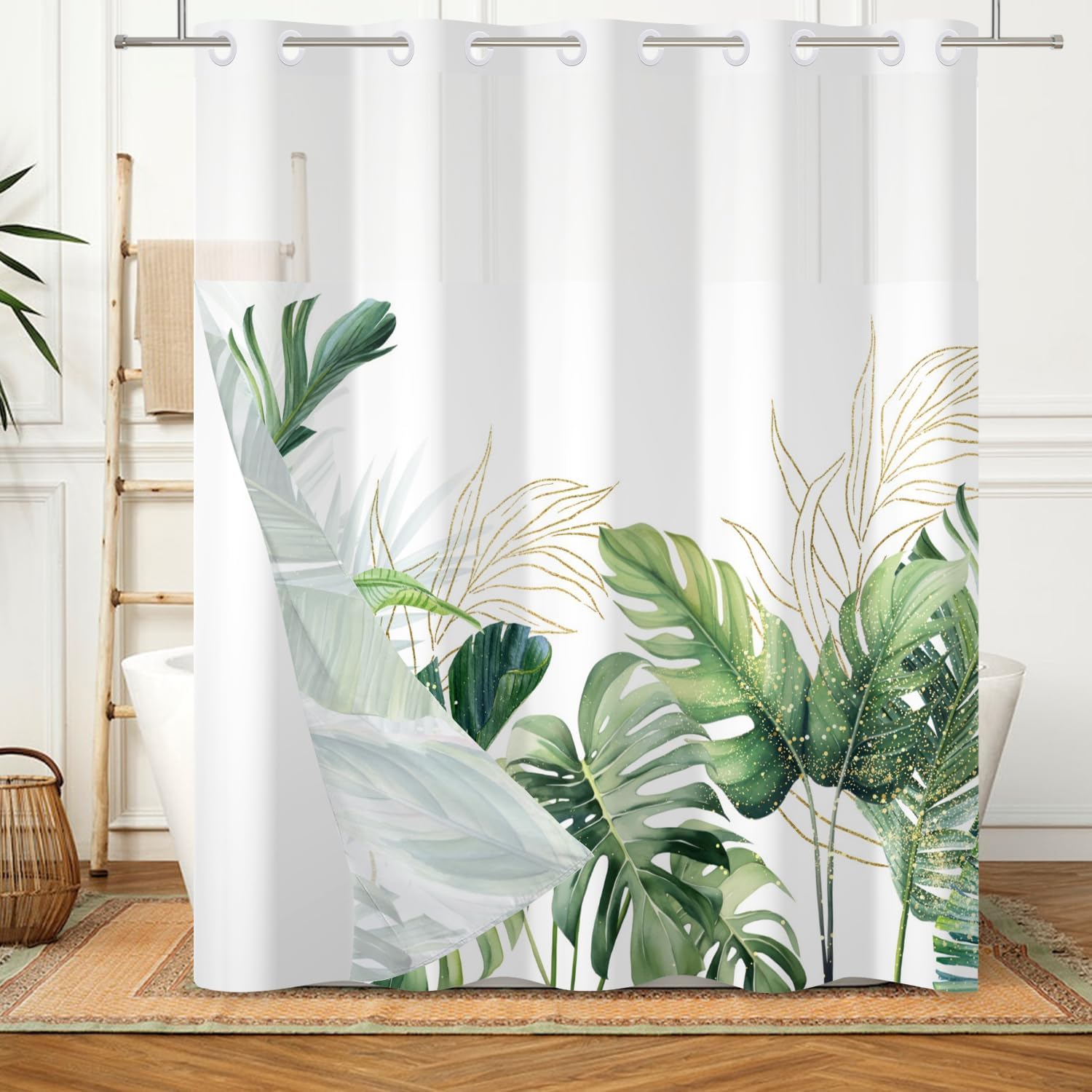 No Hook Shower Curtain Tropical Palm Leaf Shower Curtain with Snap in Liner Set Modern Green Plants Jungle Bathroom Curtains Double Layers Washable 71x74 Inch