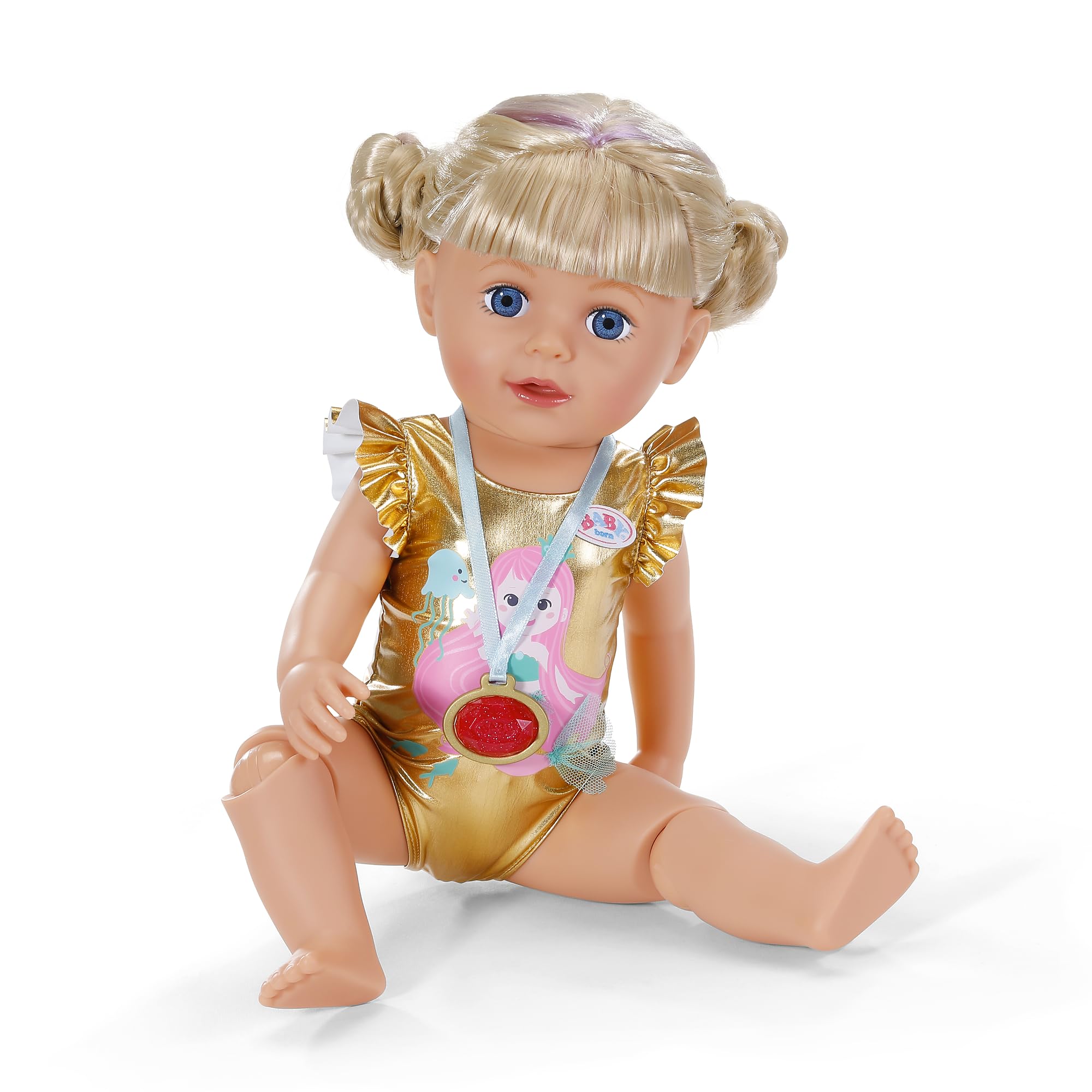 Baby born Set Sorpresa de Playa con bañador Estampado Sirena, moldes de Arena, Arena moldeable, Cubo y 5 sorpresas para muñecas de 43 cm