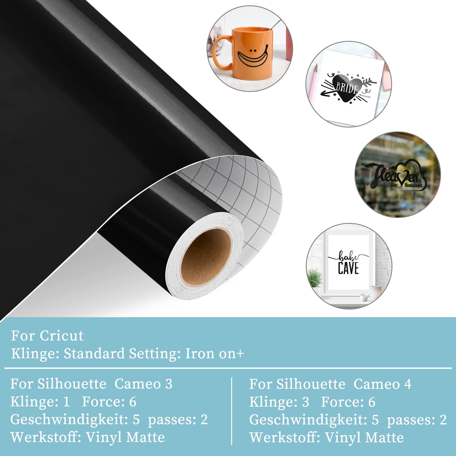 IModeur Lámina de vinilo para plóter negro 30,5 cm x 610 cm autoadhesiva brillante para Cricut Silhouette Cameo
