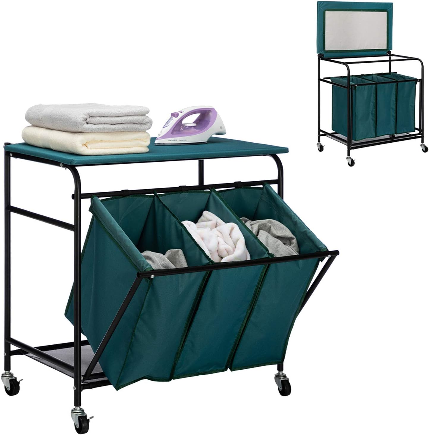 HollyHOME Laundry Sorter Cart with with Side Pull 3-Bag Ironing Board Heavy-Duty 4 Wheels Laundry Hamper Dark Green