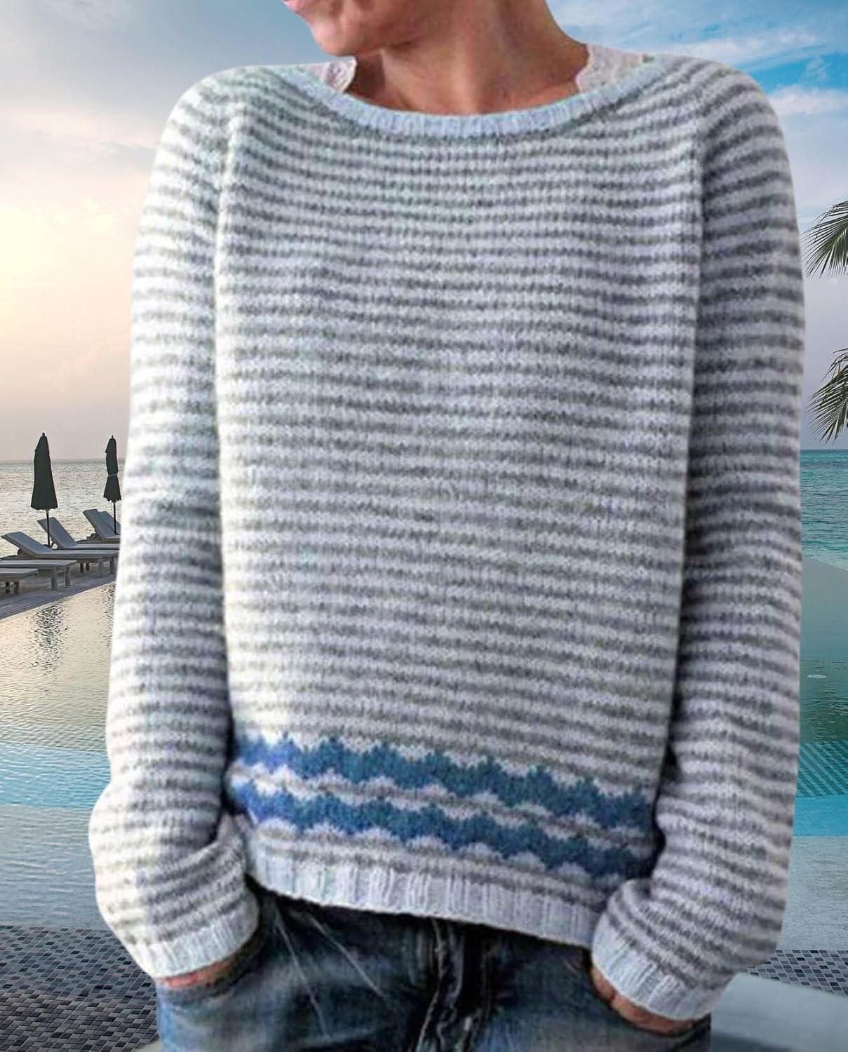 Womens Pullover Vintage Sweater Casual Loose Long Sleeve Knitted Sweater Autumn and Winter Striped Vintage Designs - Image 4