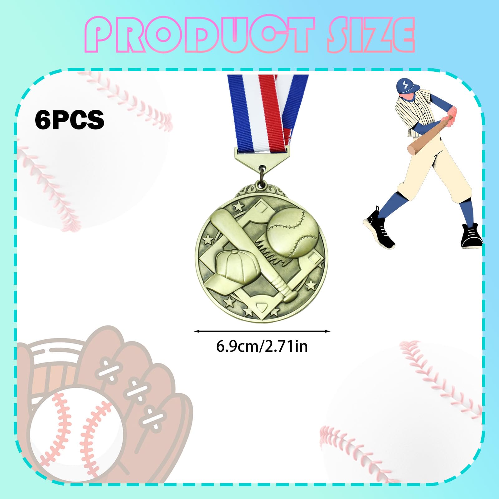 6-pak nagród medali ze wstążkami na szyję, baseball softball, złote medale, trofea za udział drużyny, nagrody psychiczne, upominki imprezowe na zawody sportowe, prezent na uroczystość