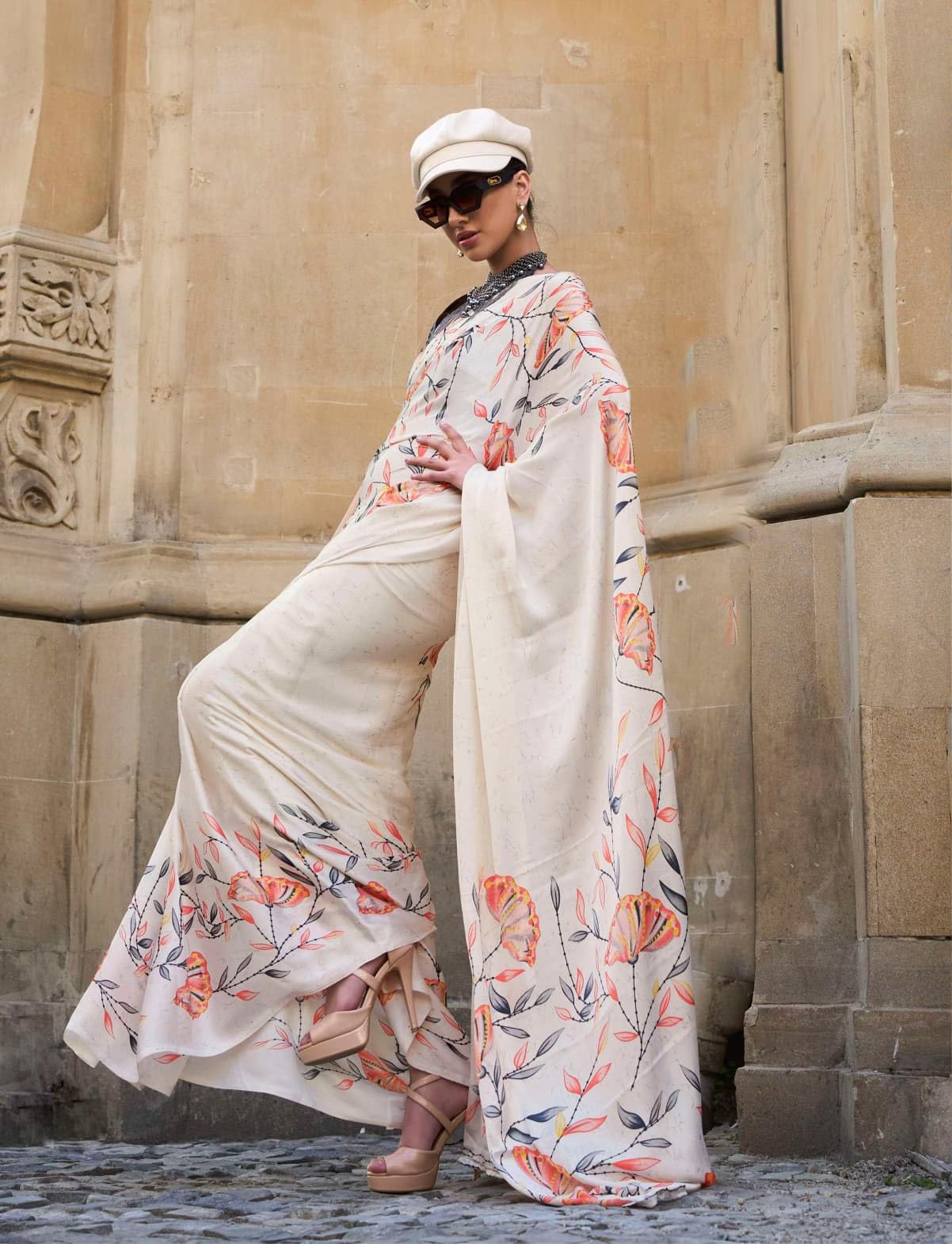 Stylum Women's Floral Printed Satin Saree (Srcreamdove_Cream)