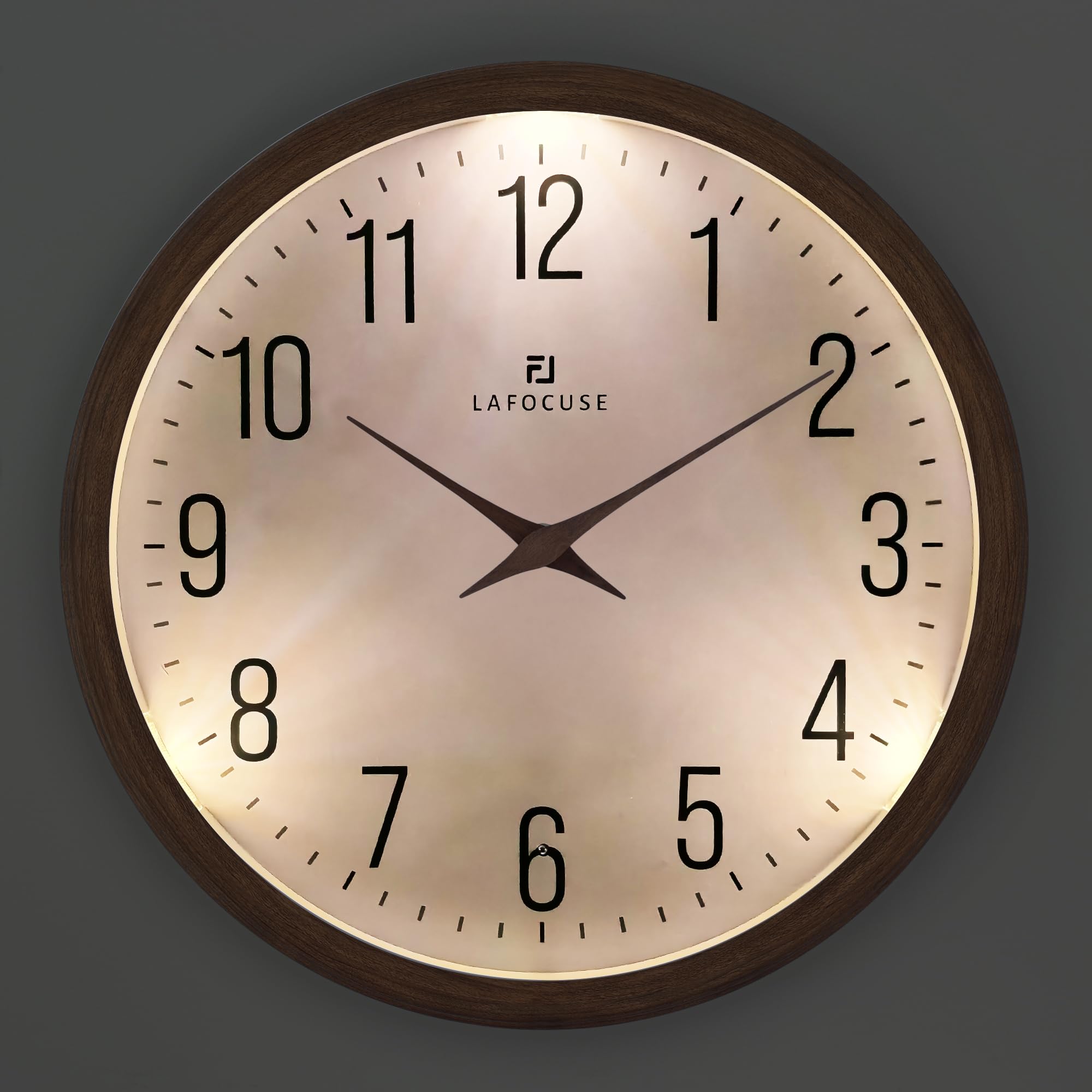 Lafocuse Glow in the Dark Wall Clock Brown, 12 Inch Modern Silent Light up Wall Clocks Luminous 5 AA Battery Operated for Bedroom Living Room Kitchen