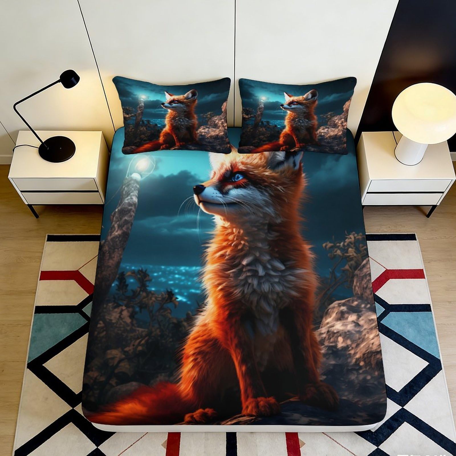 Uynsixtme Style-3 3D Printed Fox Theme Fitted Sheet Microfiber Deep Pocket Non-Slip Bedroom Bedding Fox Mattress Fitted Cover For Home 200X200x25cm