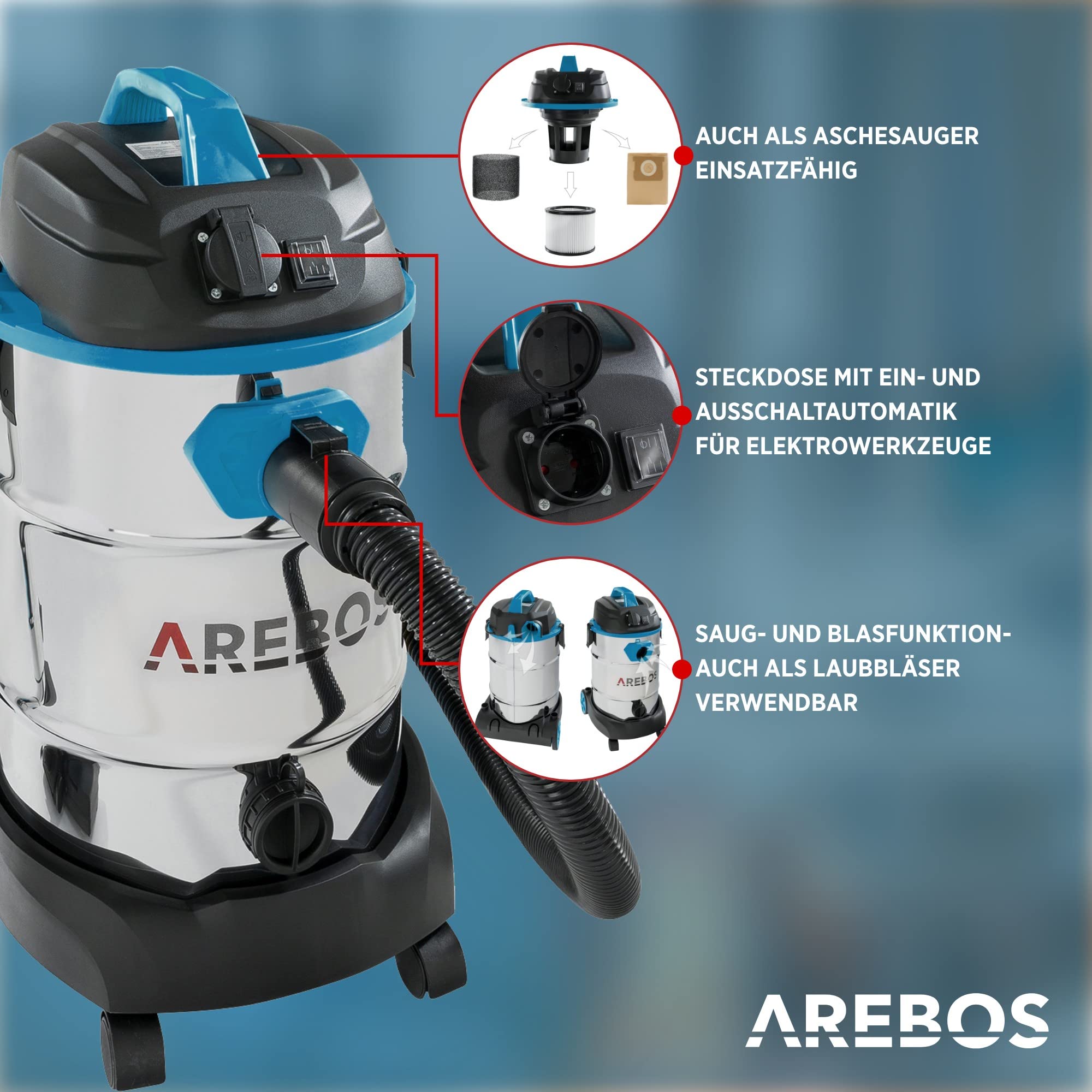 Arebos Industriestaubsauger 1600W | Nass- & Trockensauger | Aschesauger für Kamin & Grill | Mehrzwecksauger Wasser-Staubsauger | Werkstattsauger mit und ohne Beutel | 30 L Behälter | Blau