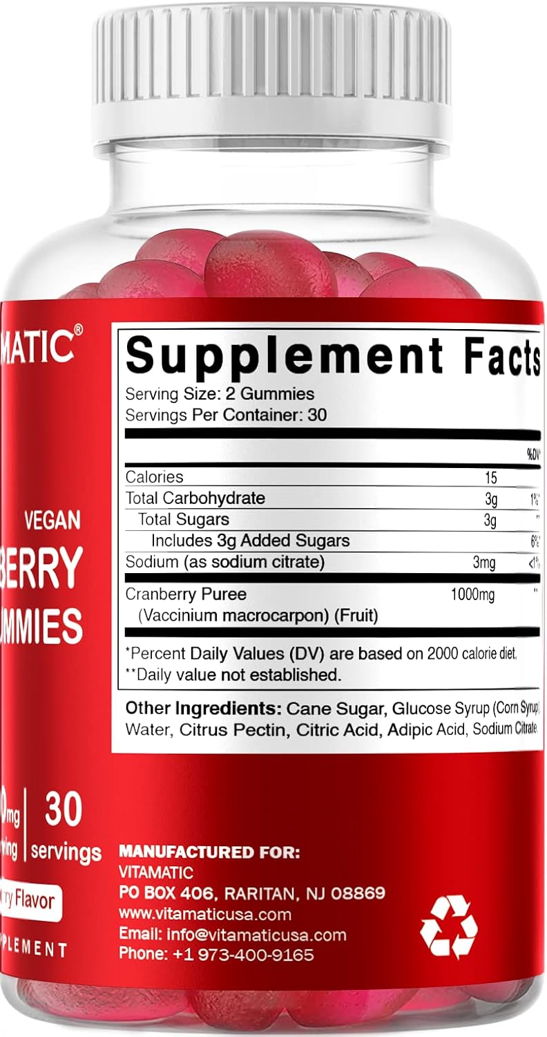 Vitamatic 2 Pack Vegan Cranberry Gummies, 1000mg per Serving - 60 Count - Supports Healthy Urinary Tract Function - (Non-GMO, Gluten Free)