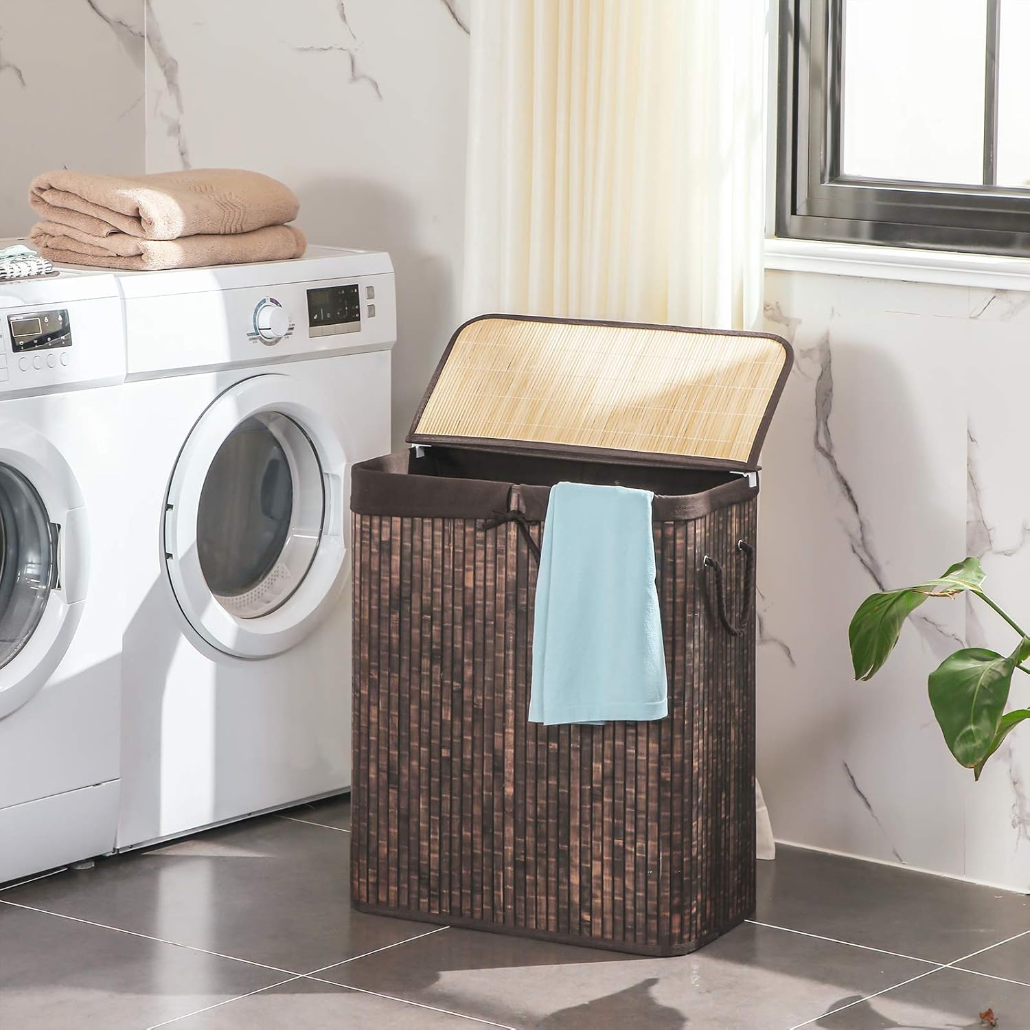 SONGMICS Double Laundry Hamper with Lid, Divided Bamboo Laundry Basket with Removable Liner, Two-Section Collapsible Hamper Sorter with Handles, 100L, Rustic Brown ULCB64WN