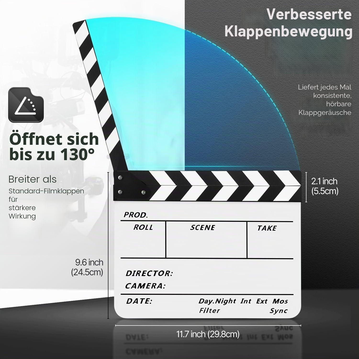 Flexzion Filmklappe für Regisseure, Acryl-Platte trocken abwischbar, Filmtafel für Studio, Kamera, Theaterrequisiten, TV, Video, Filmschnitt, Action-Szene – 25,4 x 30,5 cm mit schwarz/weißen