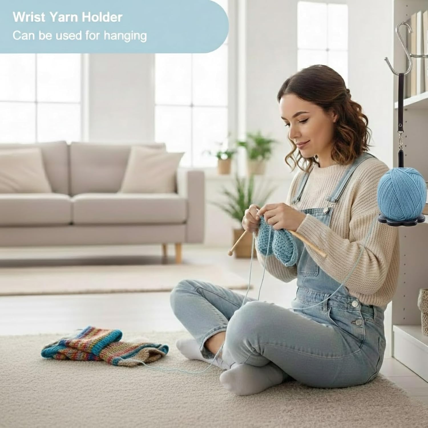 Portable Wooden Yarn Holder for Crochet & Knitting - Rotating Wrist Yarn Spinner with Adjustable Shoulder Strap - Includes 3 Tension Rings, 10 Stitch Markers, Scissors & Sewing Needles