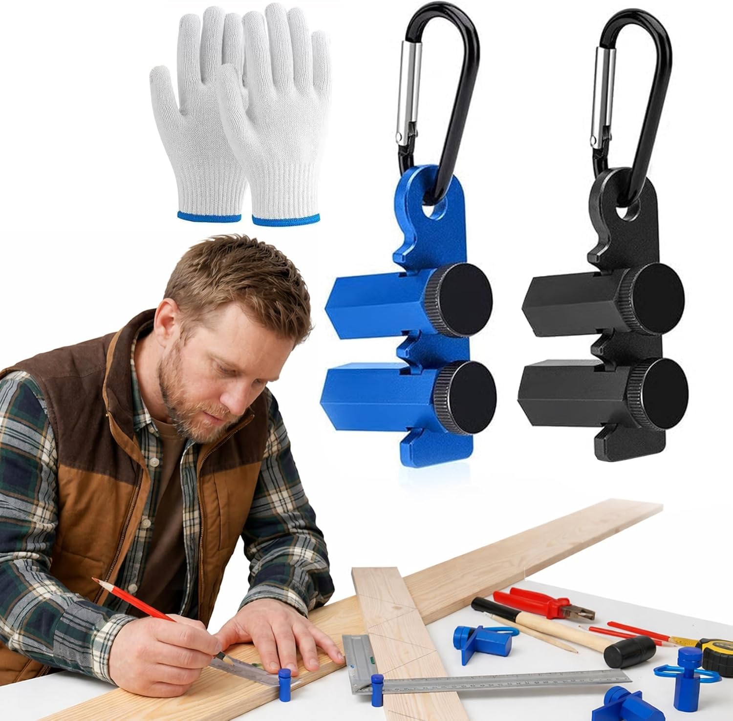 Right-Angle Ruler Clamp, Tall Stair Gauges for Framing Square with Hexagonal Stable Lock, Holder and Hook, Anti-Slip Carpentry Jig for Circular Saw, Precision Cuts