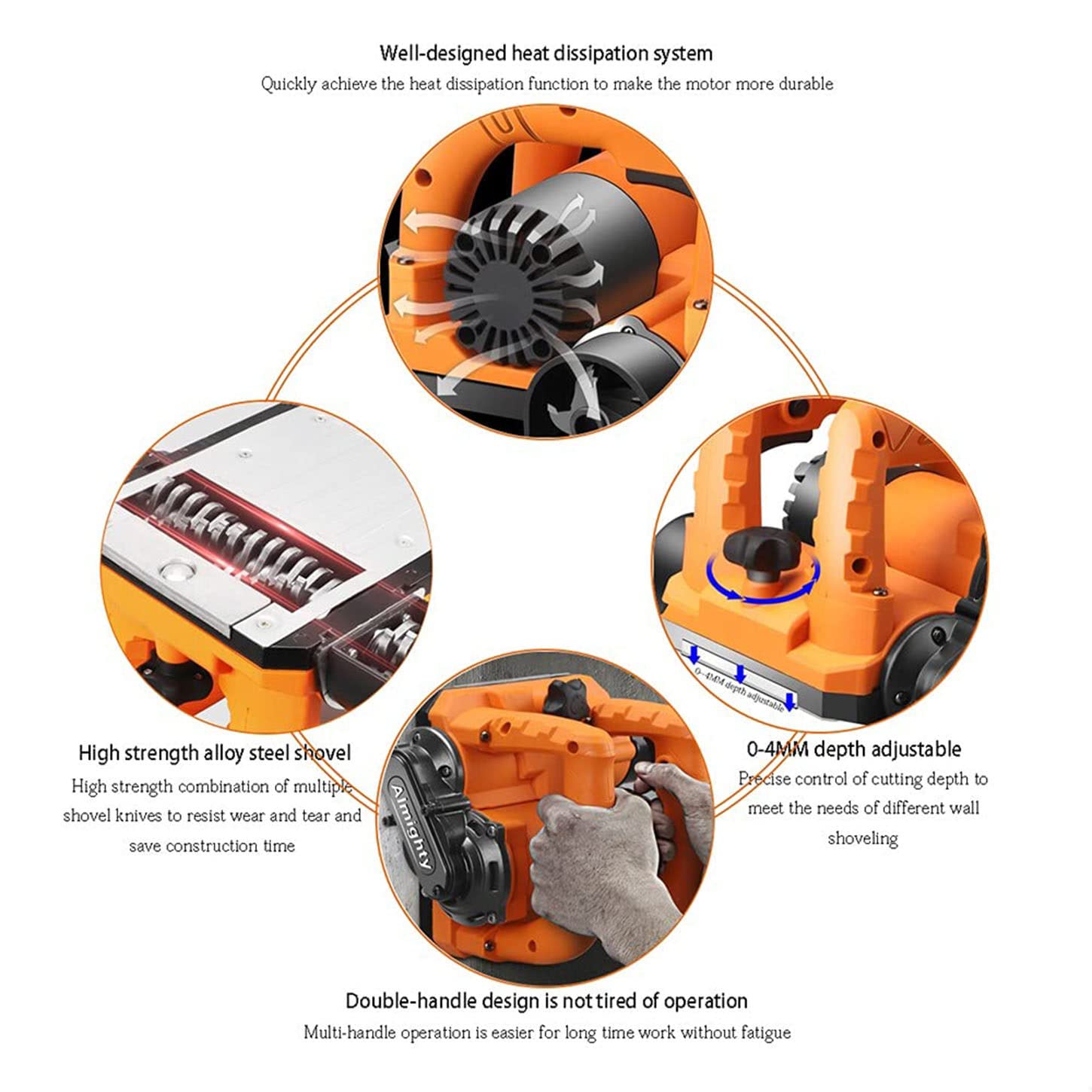Pialla a Parete per Ristrutturazione di Pareti, Doppia Impugnatura Ergonomica E Confortevole, Pialla a Parete Elettrica da 1500 W, Pala per Calcestruzzo