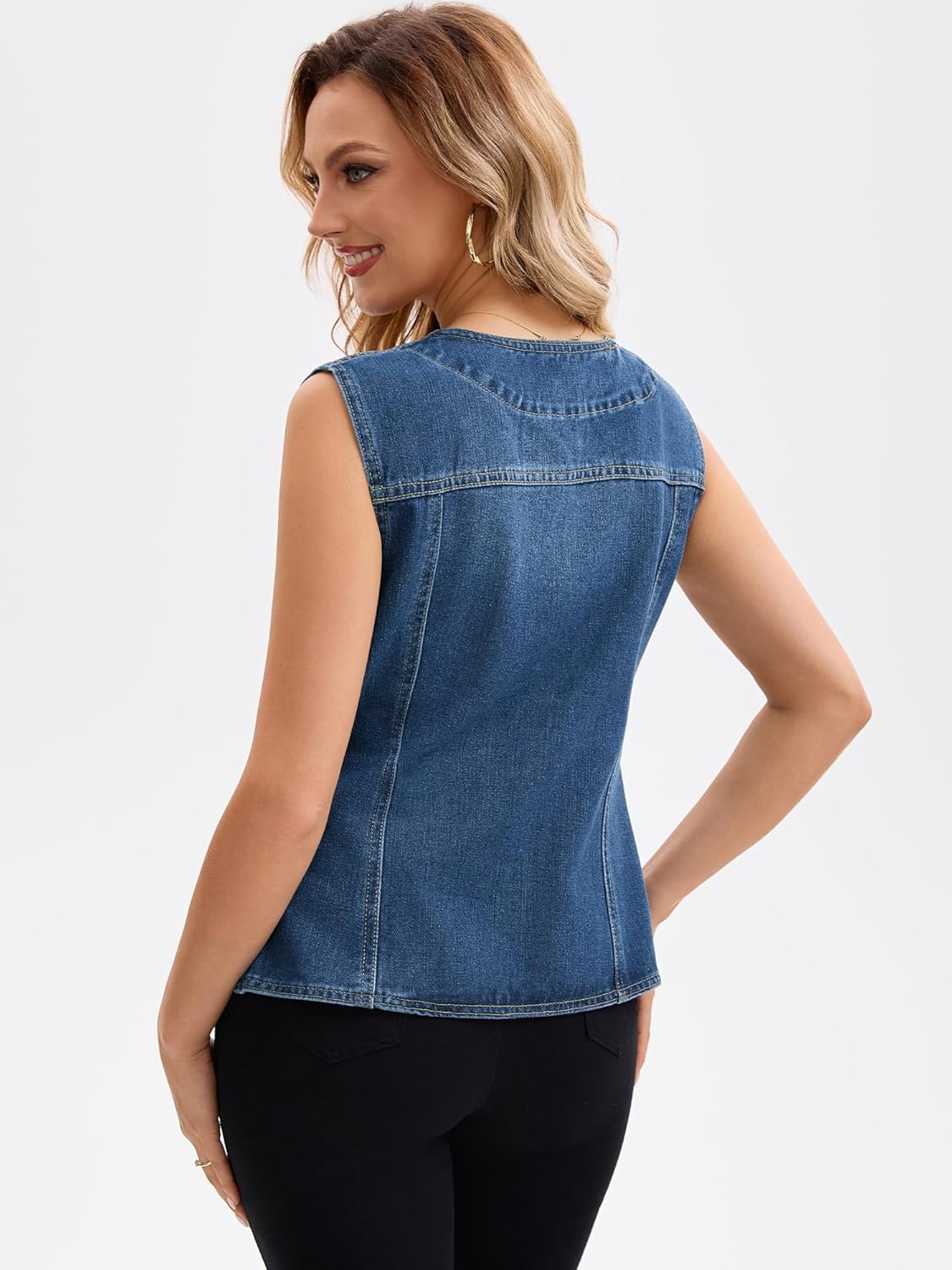 Women's Casual Denim Vest V Neck Patch Pockets Button Down Sleeveless Jean Jacket - Image 4