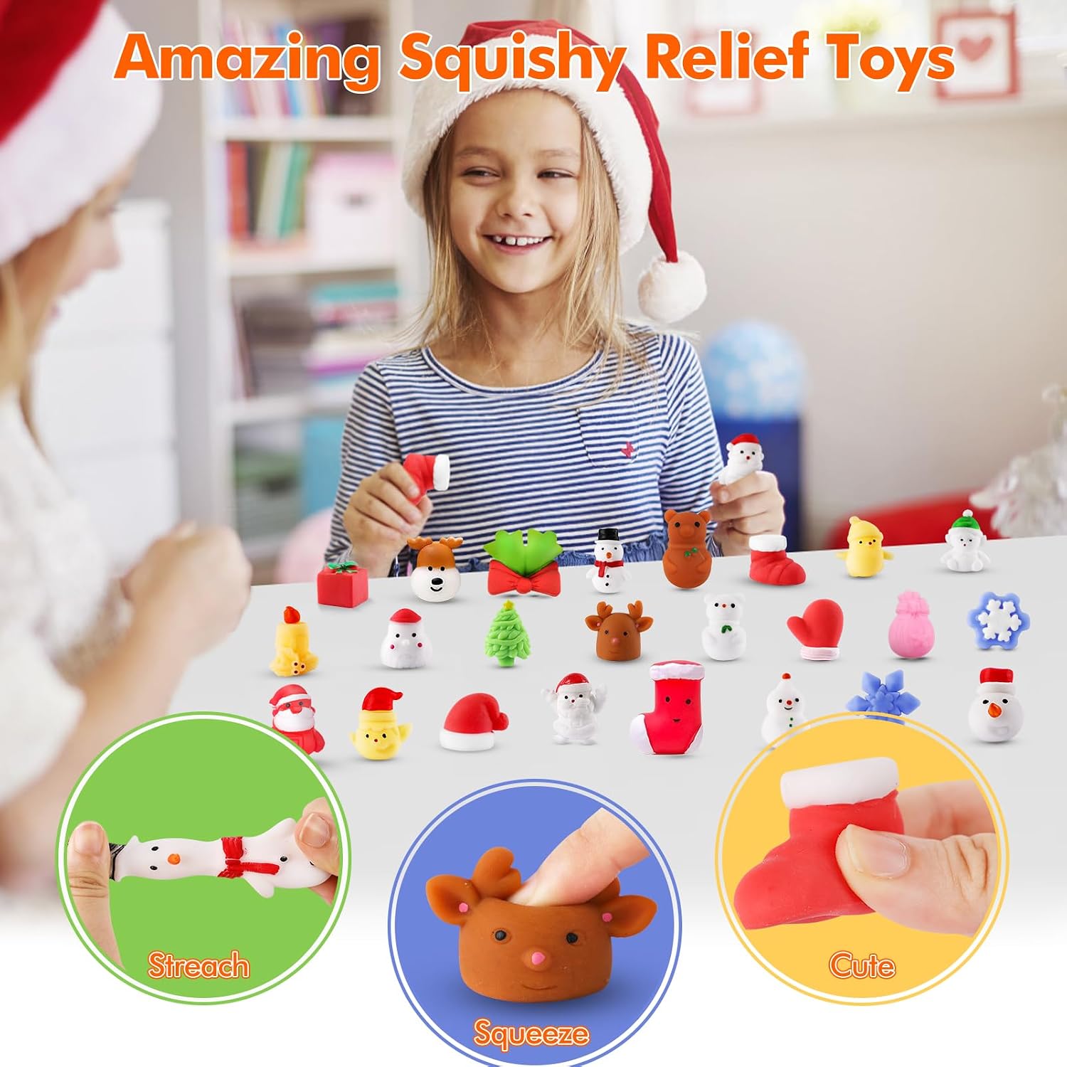 Mochi Squishy Toys Advent Calendar 2025 Christmas Countdown Calendar 24Pcs Fidgets Squishies for Kids Cute Santas Snowman Christmas Squishies Party Favors Christmas Gifts Toys for Boys Girls